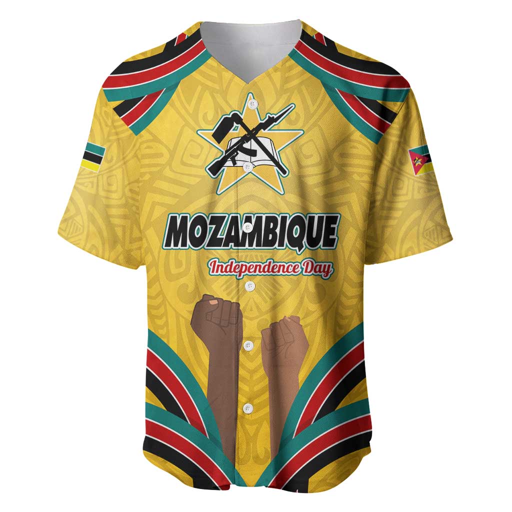 Mozambique Baseball Jersey with Yellow Red Green Swirl Design and Independence Day - Wonder Print Shop