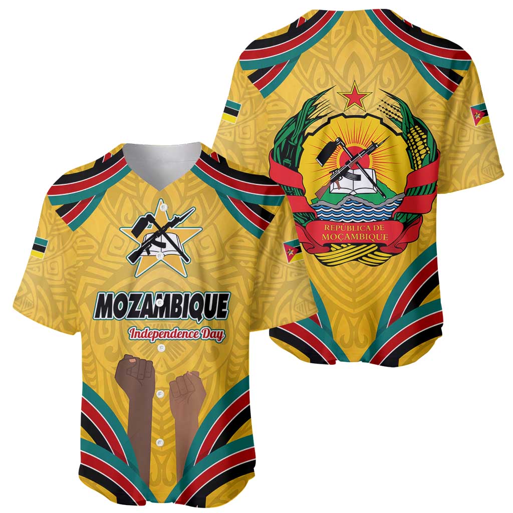 Mozambique Baseball Jersey with Yellow Red Green Swirl Design and Independence Day - Wonder Print Shop