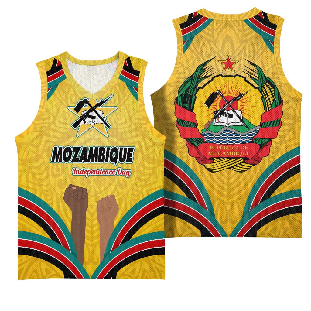 Mozambique Basketball Jersey with Yellow Red Green Swirl Design and Independence Day - Wonder Print Shop