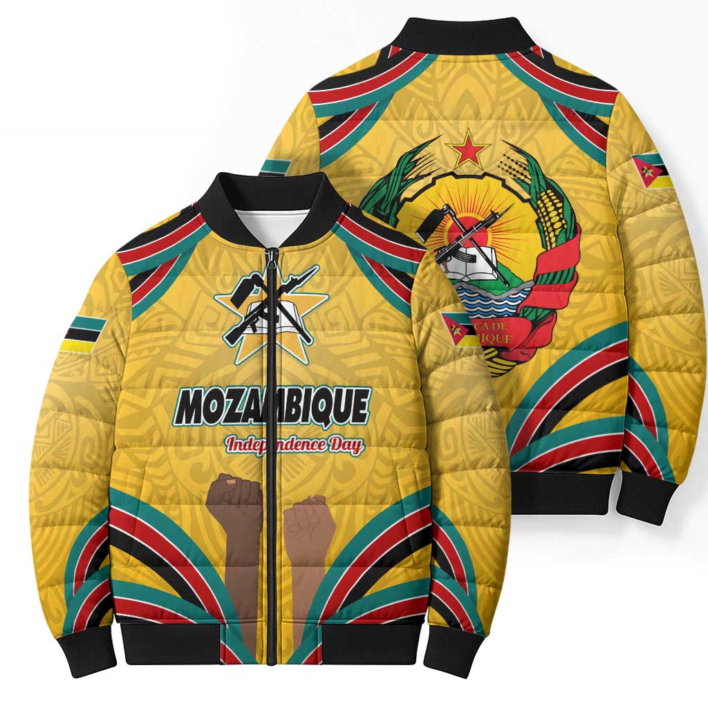 Mozambique Bomber Puffer Jacket with Yellow Red Green Swirl Design and Independence Day - Wonder Print Shop