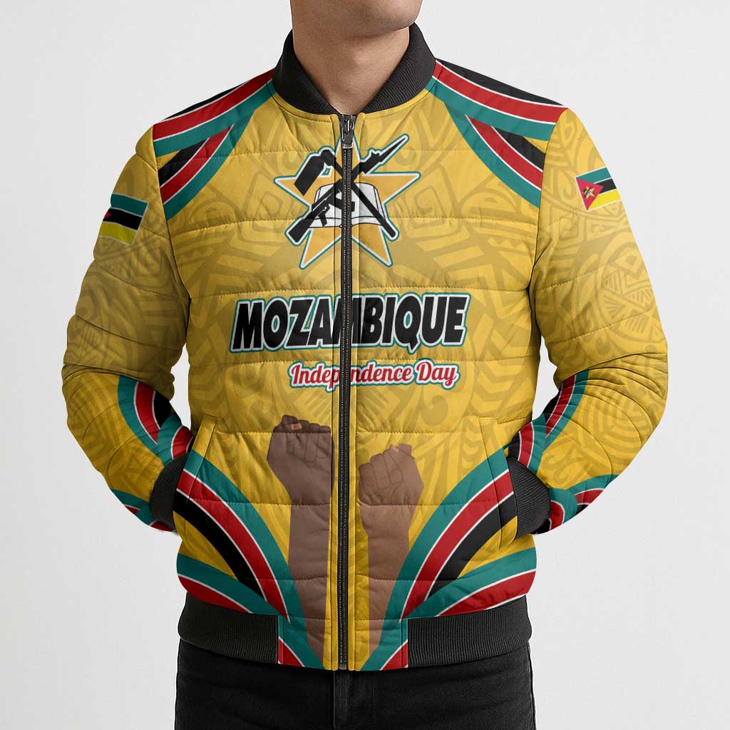 Mozambique Bomber Puffer Jacket with Yellow Red Green Swirl Design and Independence Day - Wonder Print Shop