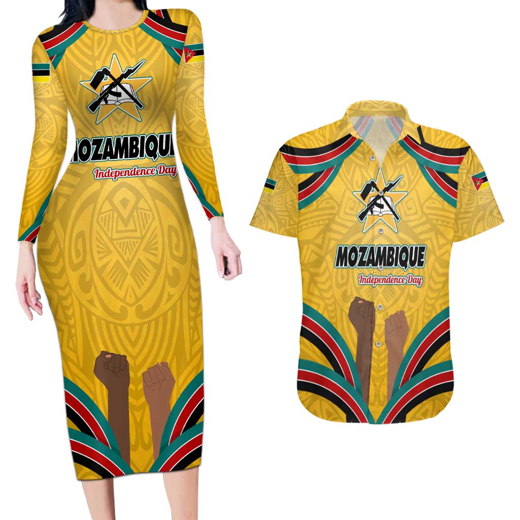 Mozambique Couples Matching Long Sleeve Bodycon Dress and Hawaiian Shirt with Yellow Red Green Swirl Design and Independence Day - Wonder Print Shop
