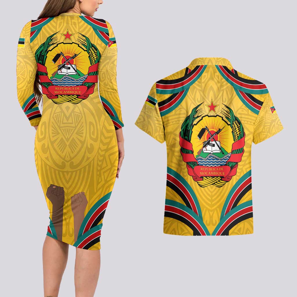 Mozambique Couples Matching Long Sleeve Bodycon Dress and Hawaiian Shirt with Yellow Red Green Swirl Design and Independence Day - Wonder Print Shop