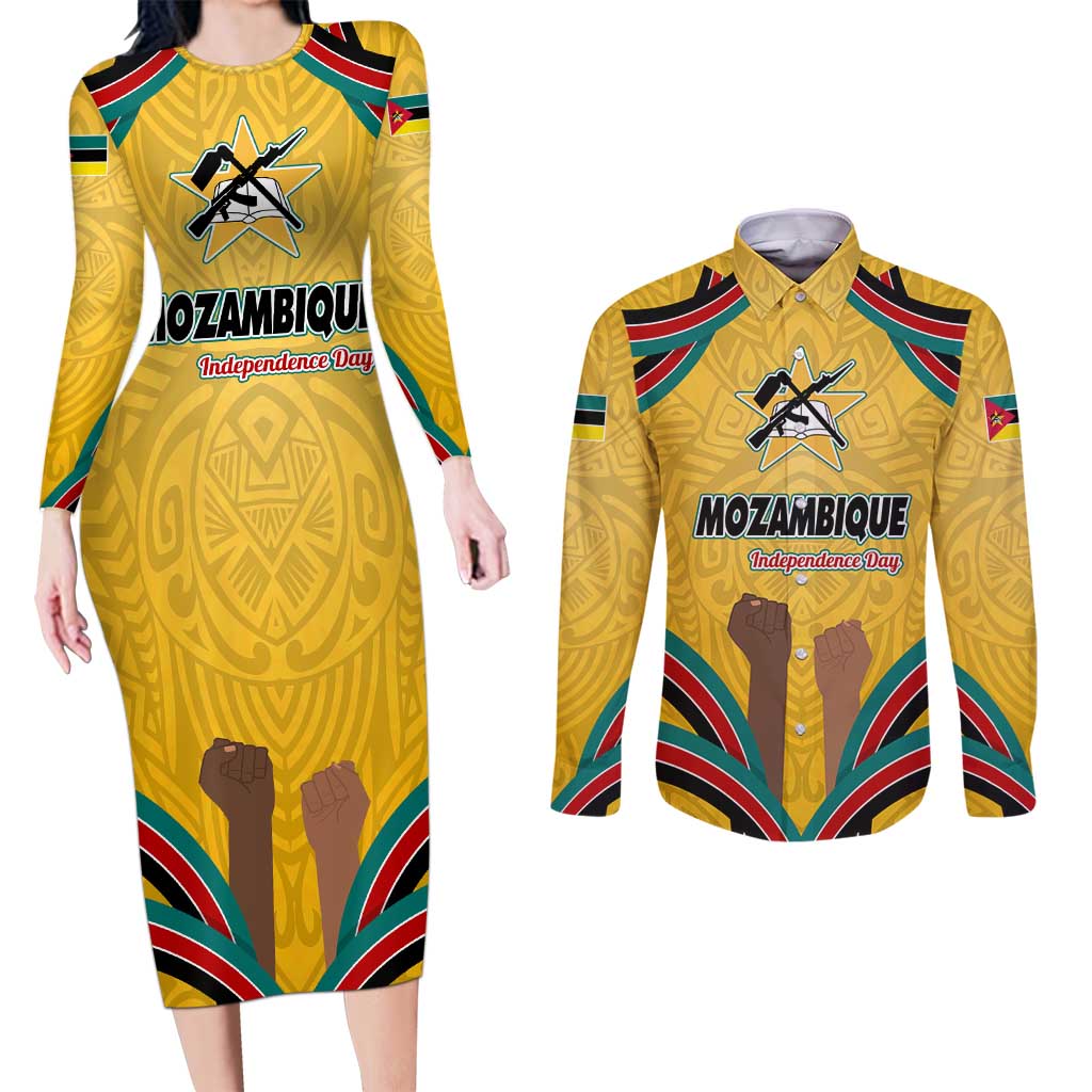 Mozambique Couples Matching Long Sleeve Bodycon Dress and Long Sleeve Button Shirt with Yellow Red Green Swirl Design and Independence Day - Wonder Print Shop