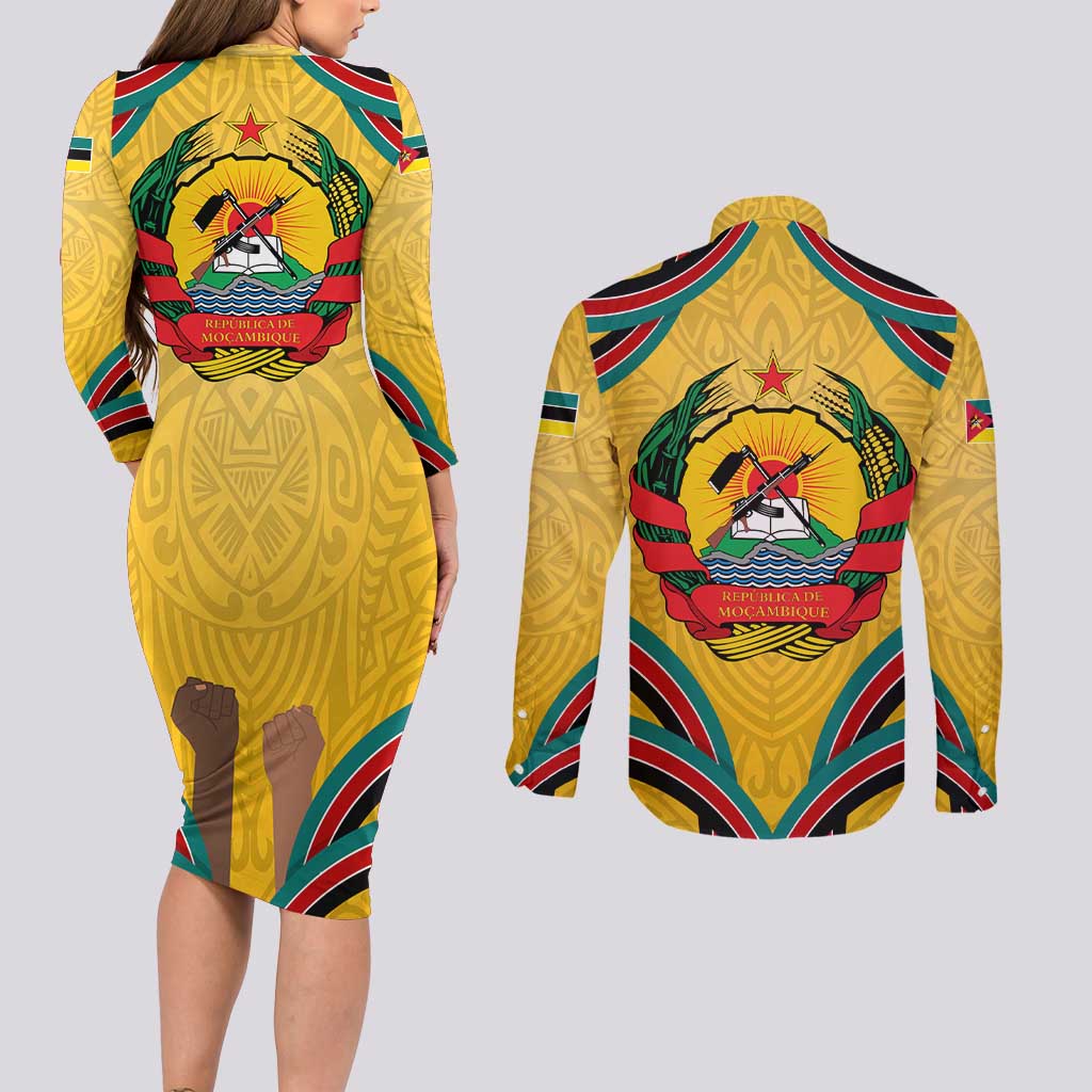 Mozambique Couples Matching Long Sleeve Bodycon Dress and Long Sleeve Button Shirt with Yellow Red Green Swirl Design and Independence Day - Wonder Print Shop