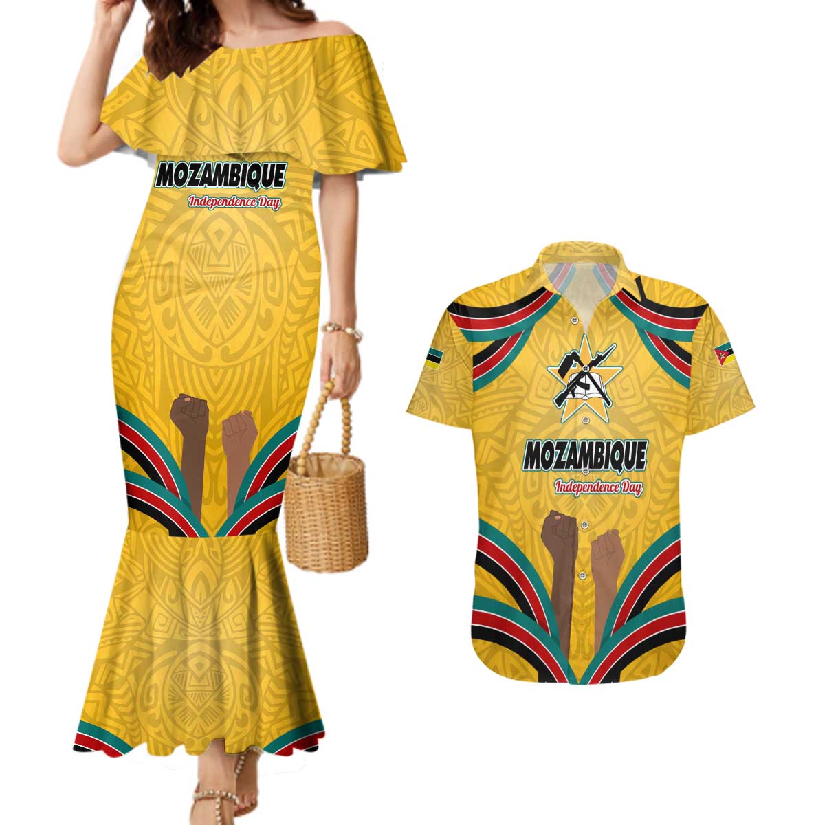 Mozambique Couples Matching Mermaid Dress and Hawaiian Shirt with Yellow Red Green Swirl Design and Independence Day - Wonder Print Shop