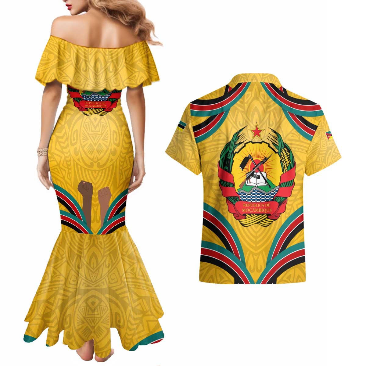 Mozambique Couples Matching Mermaid Dress and Hawaiian Shirt with Yellow Red Green Swirl Design and Independence Day - Wonder Print Shop