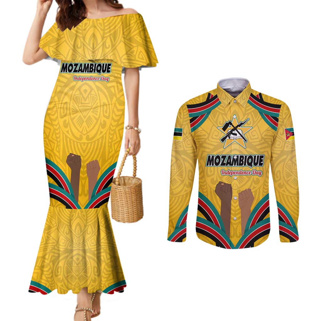 Mozambique Couples Matching Mermaid Dress and Long Sleeve Button Shirt with Yellow Red Green Swirl Design and Independence Day - Wonder Print Shop