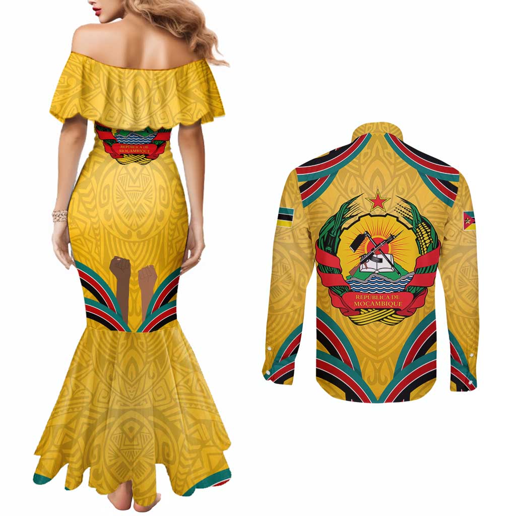 Mozambique Couples Matching Mermaid Dress and Long Sleeve Button Shirt with Yellow Red Green Swirl Design and Independence Day - Wonder Print Shop