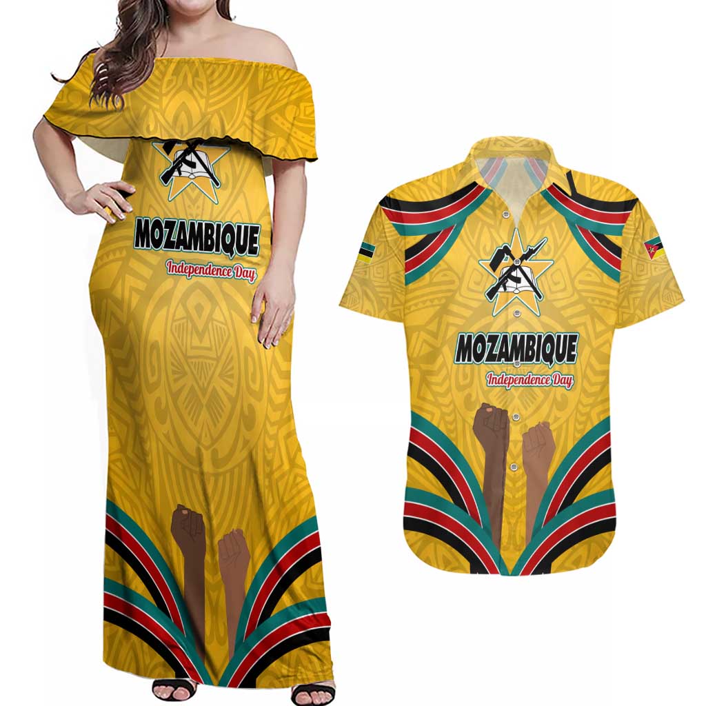 Mozambique Couples Matching Off Shoulder Maxi Dress and Hawaiian Shirt with Yellow Red Green Swirl Design and Independence Day - Wonder Print Shop