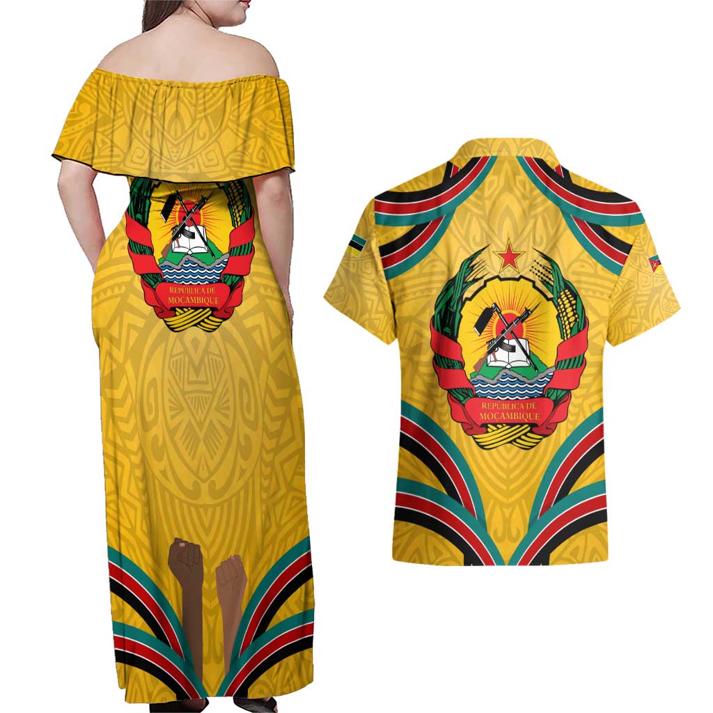 Mozambique Couples Matching Off Shoulder Maxi Dress and Hawaiian Shirt with Yellow Red Green Swirl Design and Independence Day - Wonder Print Shop