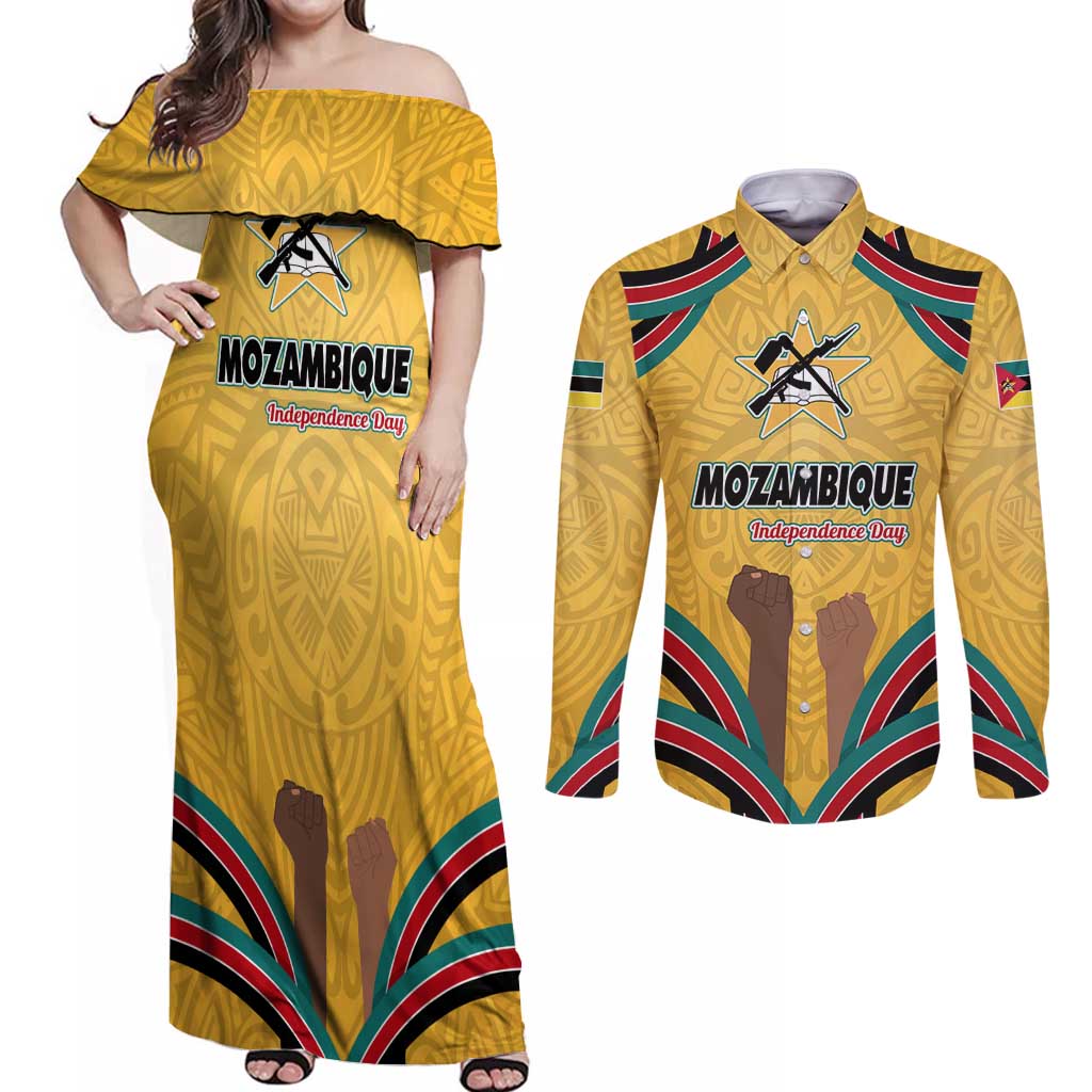 Mozambique Couples Matching Off Shoulder Maxi Dress and Long Sleeve Button Shirt with Yellow Red Green Swirl Design and Independence Day - Wonder Print Shop
