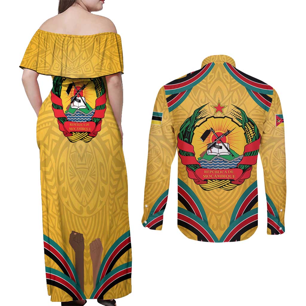 Mozambique Couples Matching Off Shoulder Maxi Dress and Long Sleeve Button Shirt with Yellow Red Green Swirl Design and Independence Day - Wonder Print Shop