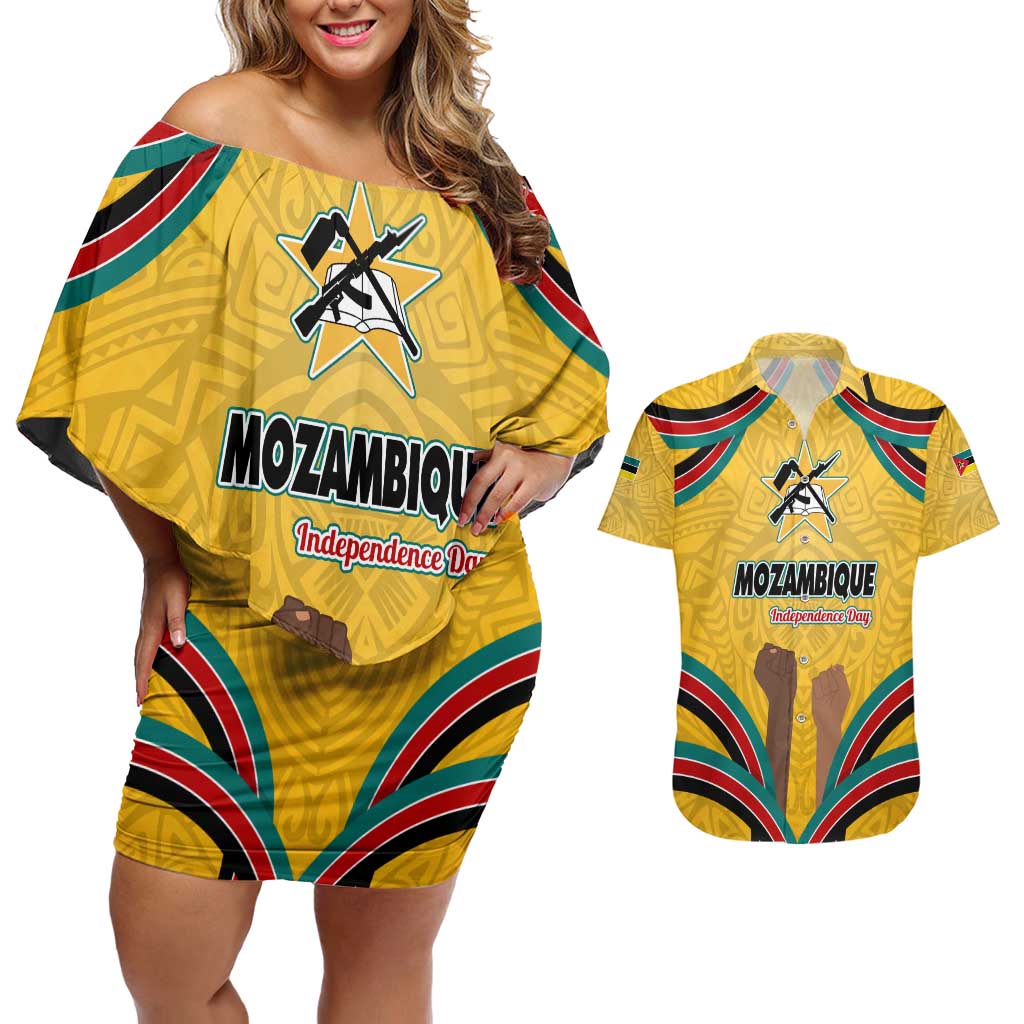 Mozambique Couples Matching Off Shoulder Short Dress and Hawaiian Shirt with Yellow Red Green Swirl Design and Independence Day - Wonder Print Shop