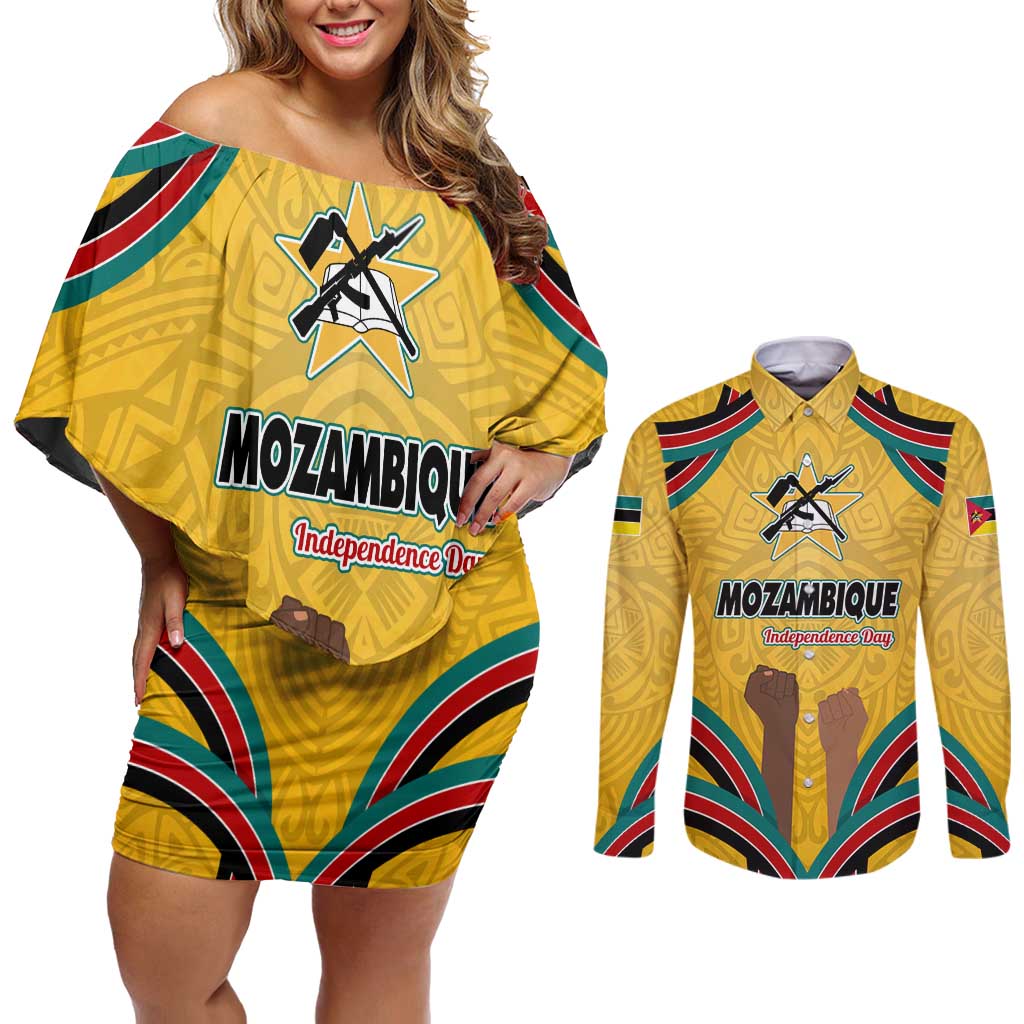 Mozambique Couples Matching Off Shoulder Short Dress and Long Sleeve Button Shirt with Yellow Red Green Swirl Design and Independence Day - Wonder Print Shop