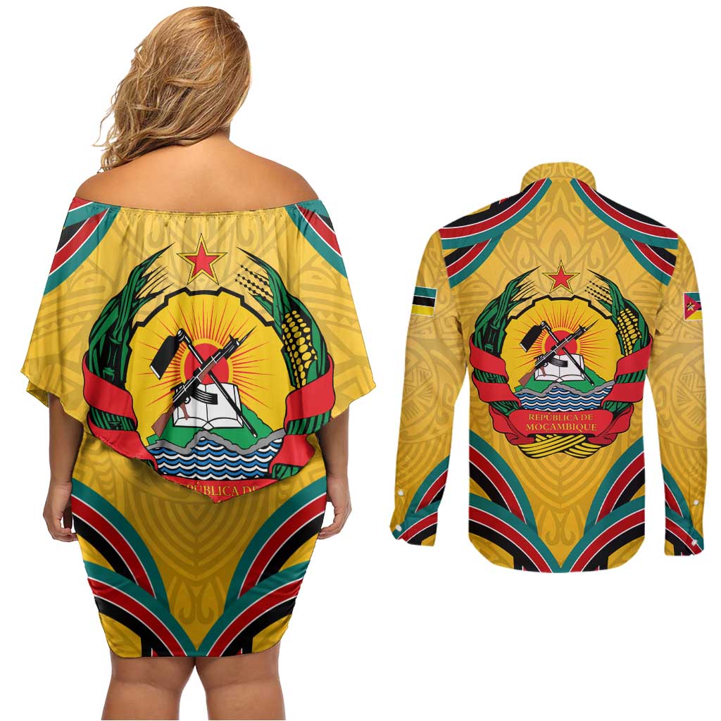 Mozambique Couples Matching Off Shoulder Short Dress and Long Sleeve Button Shirt with Yellow Red Green Swirl Design and Independence Day - Wonder Print Shop