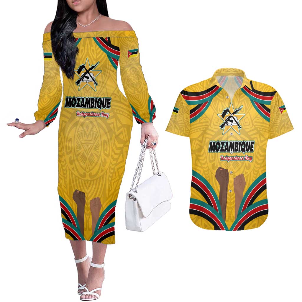 Mozambique Couples Matching Off The Shoulder Long Sleeve Dress and Hawaiian Shirt with Yellow Red Green Swirl Design and Independence Day - Wonder Print Shop