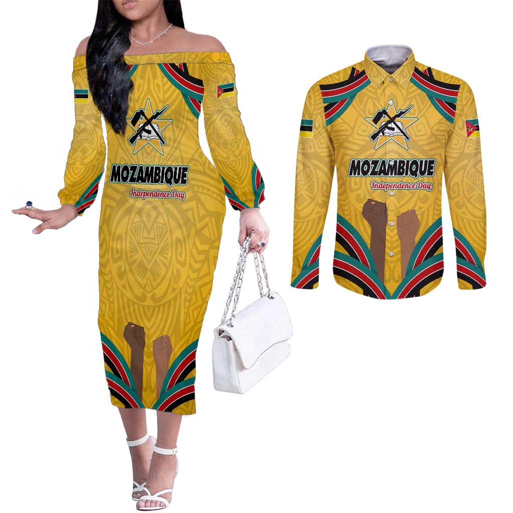 Mozambique Couples Matching Off The Shoulder Long Sleeve Dress and Long Sleeve Button Shirt with Yellow Red Green Swirl Design and Independence Day - Wonder Print Shop