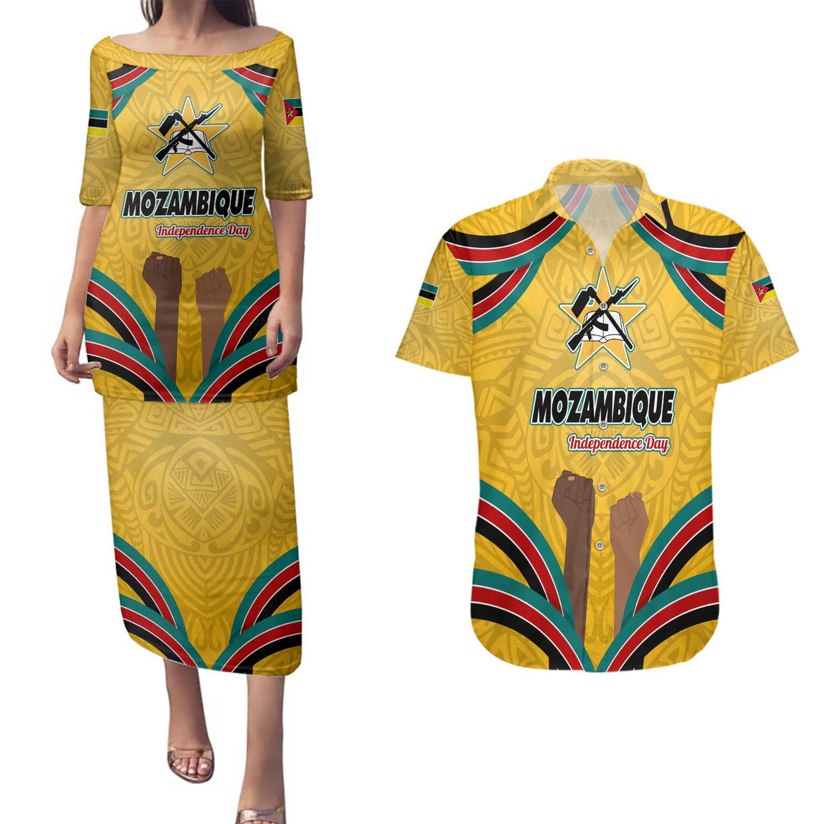 Mozambique Couples Matching Puletasi and Hawaiian Shirt with Yellow Red Green Swirl Design and Independence Day - Wonder Print Shop