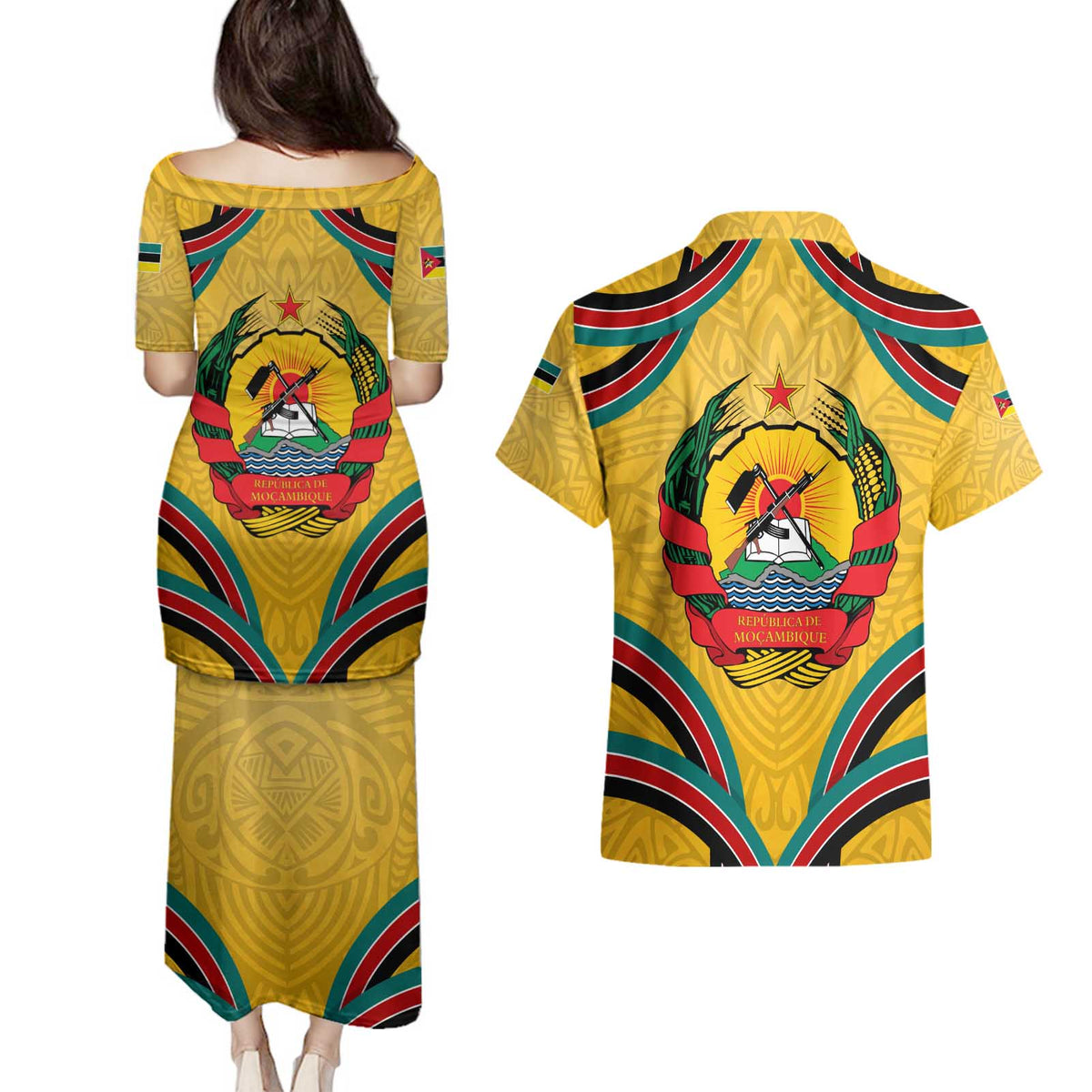 Mozambique Couples Matching Puletasi and Hawaiian Shirt with Yellow Red Green Swirl Design and Independence Day - Wonder Print Shop