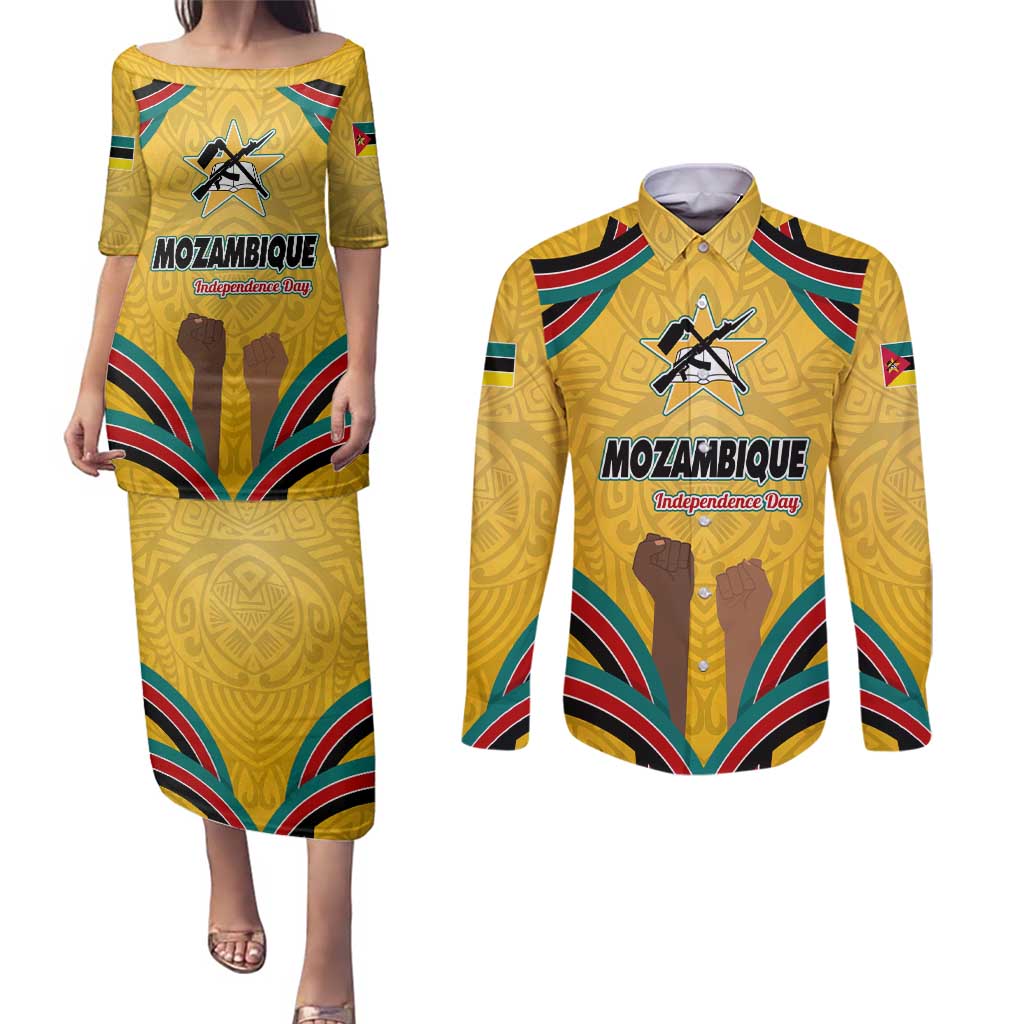 Mozambique Couples Matching Puletasi and Long Sleeve Button Shirt with Yellow Red Green Swirl Design and Independence Day - Wonder Print Shop