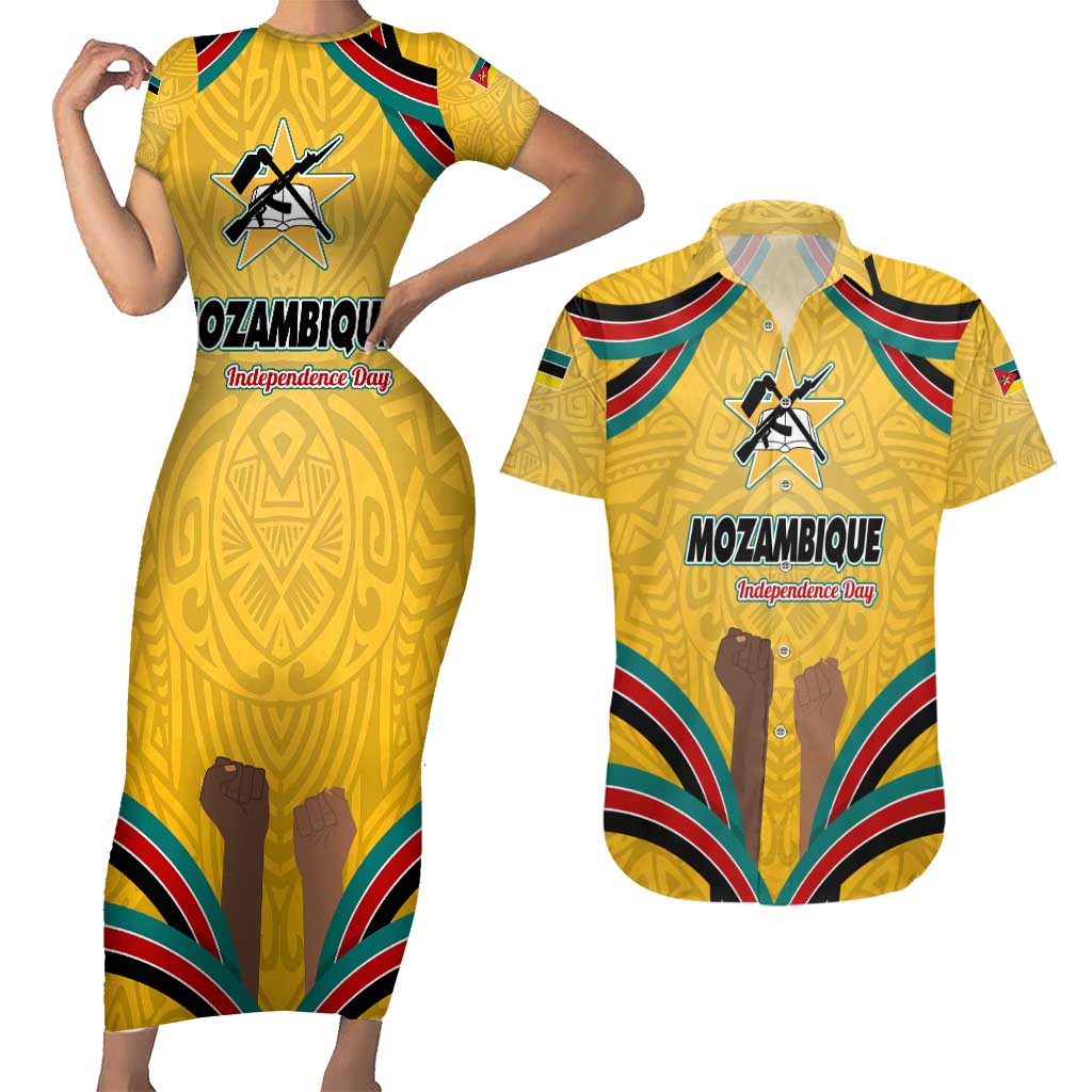 Mozambique Couples Matching Short Sleeve Bodycon Dress and Hawaiian Shirt with Yellow Red Green Swirl Design and Independence Day - Wonder Print Shop