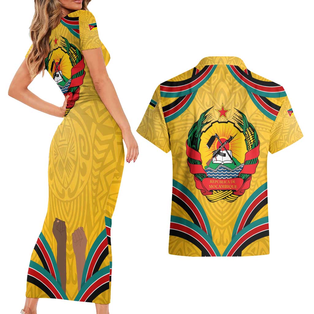 Mozambique Couples Matching Short Sleeve Bodycon Dress and Hawaiian Shirt with Yellow Red Green Swirl Design and Independence Day - Wonder Print Shop