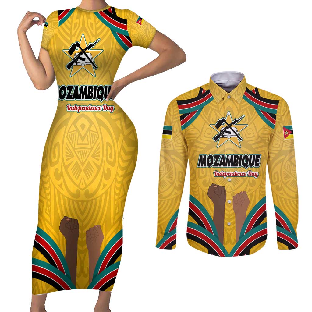 Mozambique Couples Matching Short Sleeve Bodycon Dress and Long Sleeve Button Shirt with Yellow Red Green Swirl Design and Independence Day - Wonder Print Shop