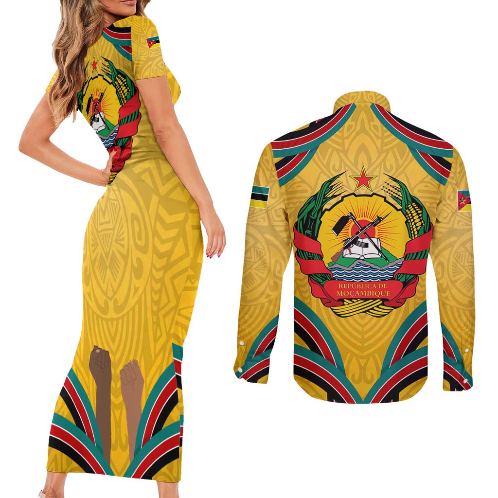 Mozambique Couples Matching Short Sleeve Bodycon Dress and Long Sleeve Button Shirt with Yellow Red Green Swirl Design and Independence Day - Wonder Print Shop