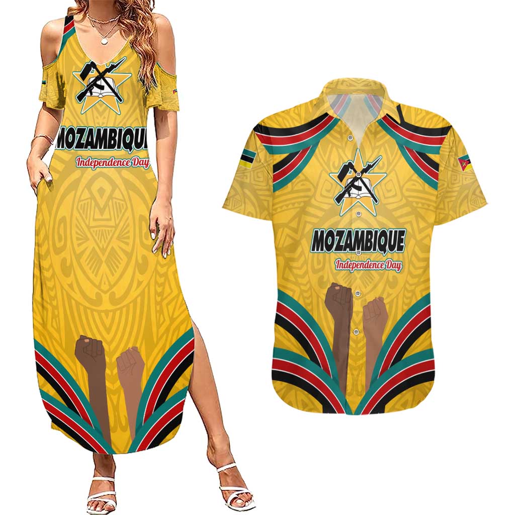 Mozambique Couples Matching Summer Maxi Dress and Hawaiian Shirt with Yellow Red Green Swirl Design and Independence Day - Wonder Print Shop