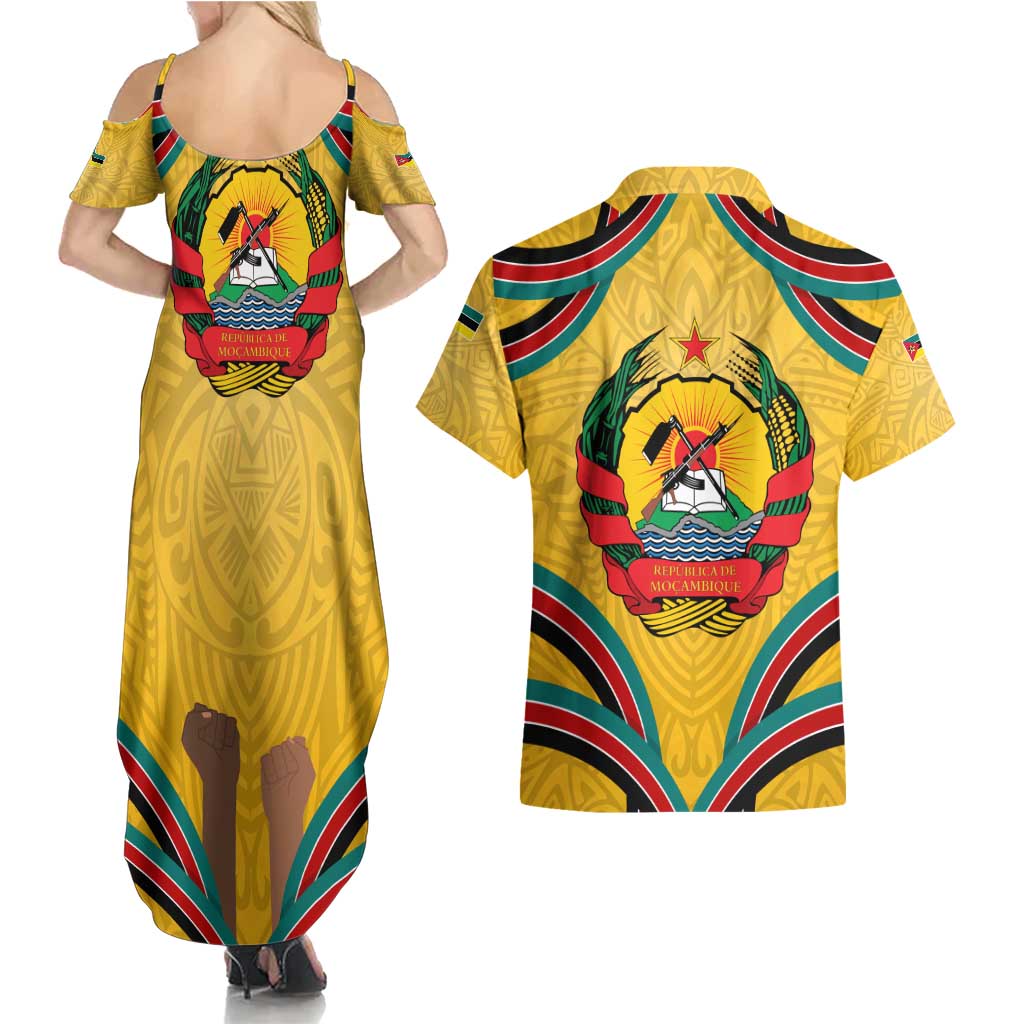 Mozambique Couples Matching Summer Maxi Dress and Hawaiian Shirt with Yellow Red Green Swirl Design and Independence Day - Wonder Print Shop