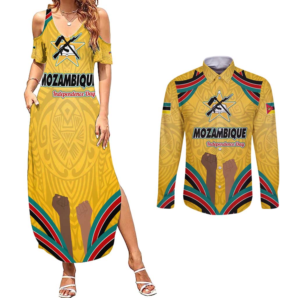 Mozambique Couples Matching Summer Maxi Dress and Long Sleeve Button Shirt with Yellow Red Green Swirl Design and Independence Day - Wonder Print Shop