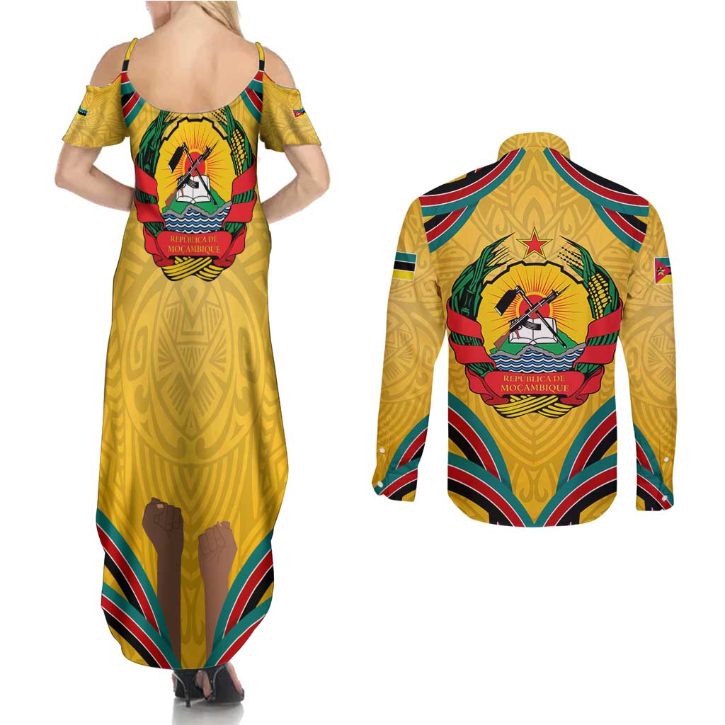 Mozambique Couples Matching Summer Maxi Dress and Long Sleeve Button Shirt with Yellow Red Green Swirl Design and Independence Day - Wonder Print Shop
