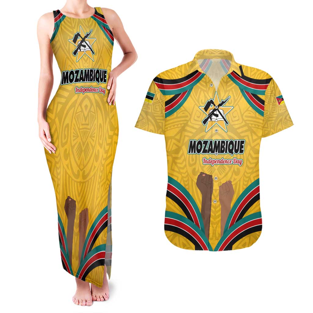 Mozambique Couples Matching Tank Maxi Dress and Hawaiian Shirt with Yellow Red Green Swirl Design and Independence Day - Wonder Print Shop