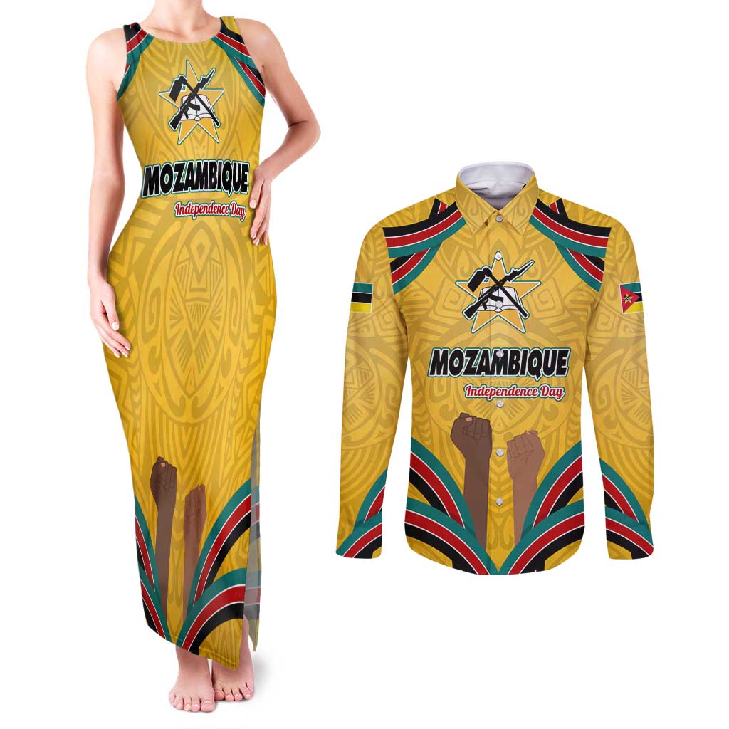 Mozambique Couples Matching Tank Maxi Dress and Long Sleeve Button Shirt with Yellow Red Green Swirl Design and Independence Day - Wonder Print Shop