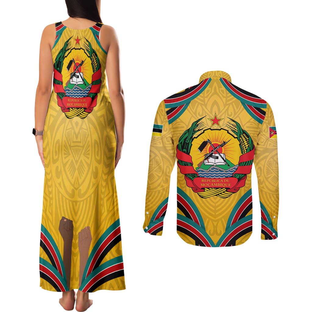 Mozambique Couples Matching Tank Maxi Dress and Long Sleeve Button Shirt with Yellow Red Green Swirl Design and Independence Day - Wonder Print Shop