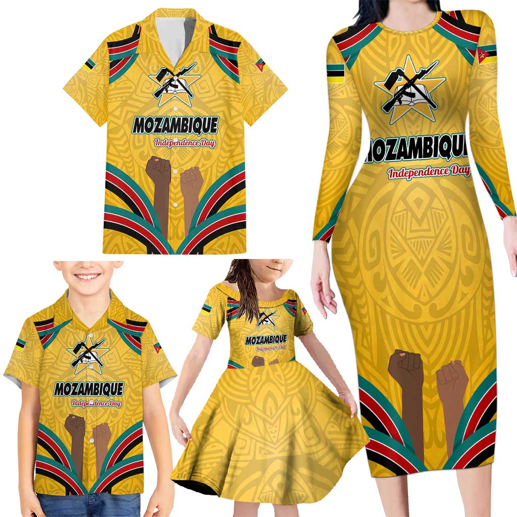 Mozambique Family Matching Long Sleeve Bodycon Dress and Hawaiian Shirt with Yellow Red Green Swirl Design and Independence Day - Wonder Print Shop