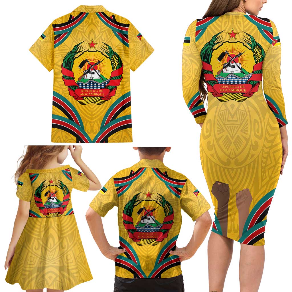 Mozambique Family Matching Long Sleeve Bodycon Dress and Hawaiian Shirt with Yellow Red Green Swirl Design and Independence Day - Wonder Print Shop