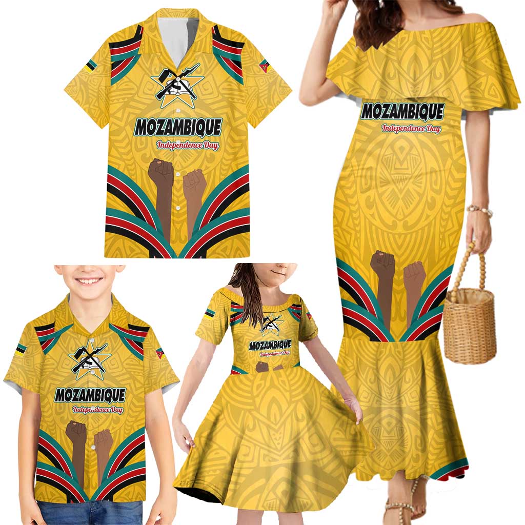 Mozambique Family Matching Mermaid Dress and Hawaiian Shirt with Yellow Red Green Swirl Design and Independence Day - Wonder Print Shop