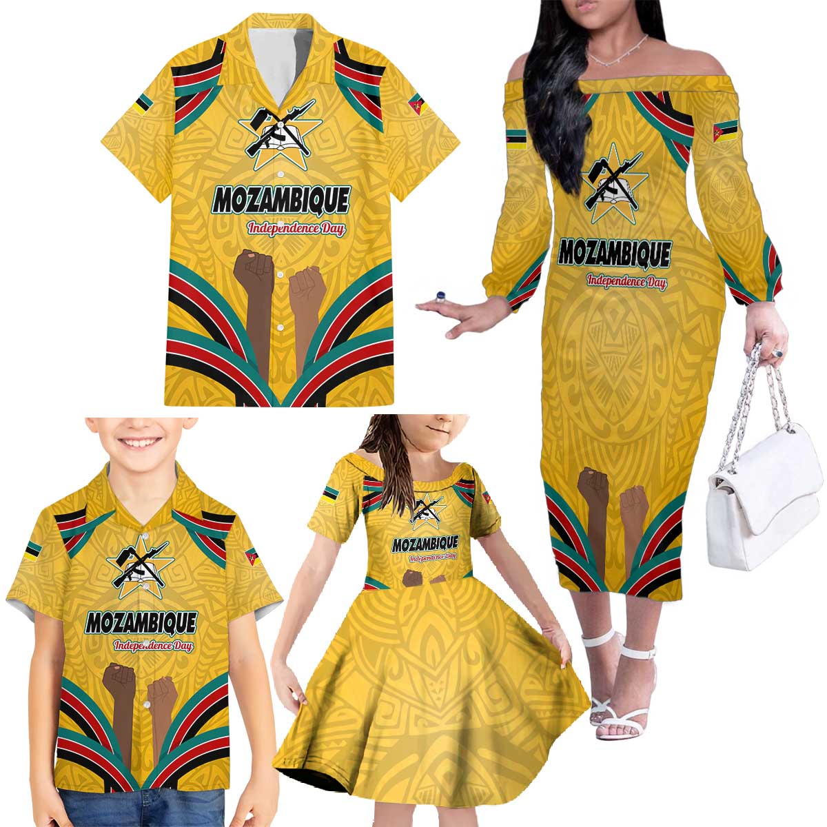 Mozambique Family Matching Off The Shoulder Long Sleeve Dress and Hawaiian Shirt with Yellow Red Green Swirl Design and Independence Day - Wonder Print Shop