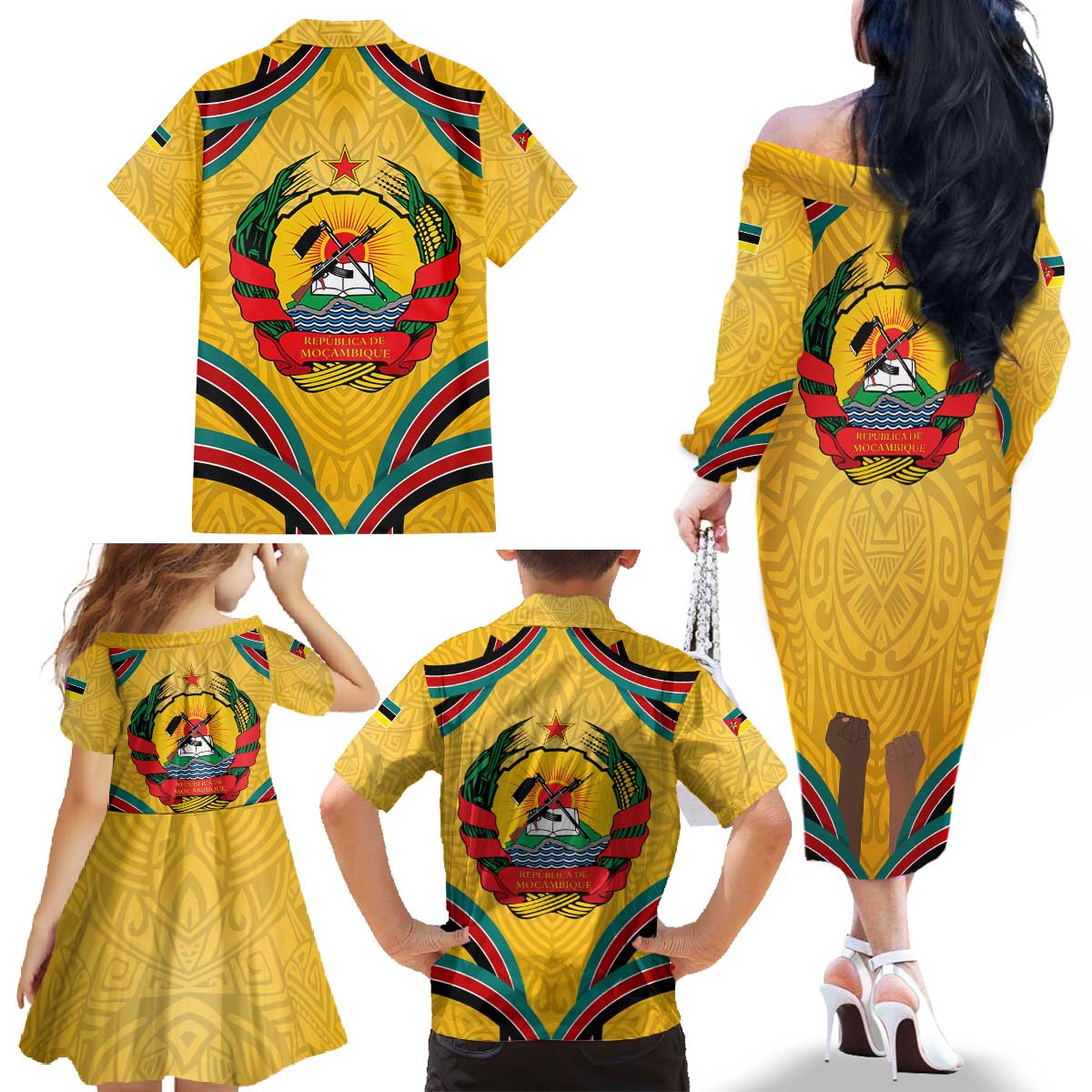 Mozambique Family Matching Off The Shoulder Long Sleeve Dress and Hawaiian Shirt with Yellow Red Green Swirl Design and Independence Day - Wonder Print Shop