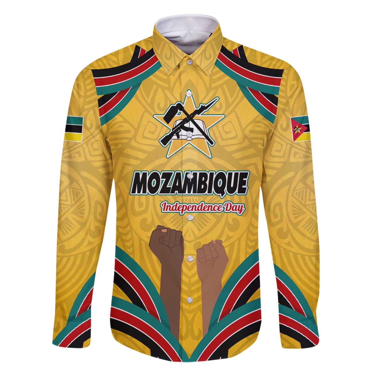 Mozambique Family Matching Off The Shoulder Long Sleeve Dress and Hawaiian Shirt with Yellow Red Green Swirl Design and Independence Day - Wonder Print Shop