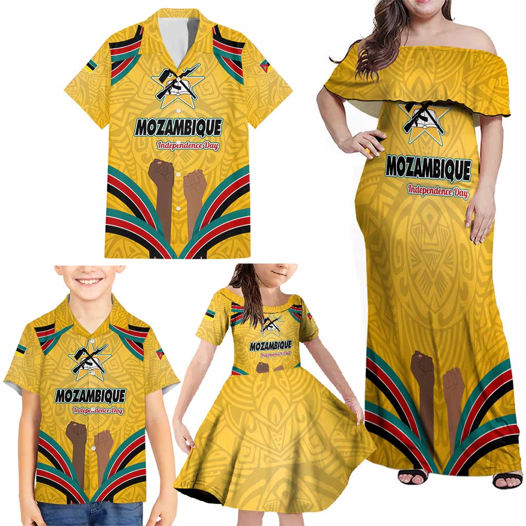 Mozambique Family Matching Off Shoulder Maxi Dress and Hawaiian Shirt with Yellow Red Green Swirl Design and Independence Day - Wonder Print Shop