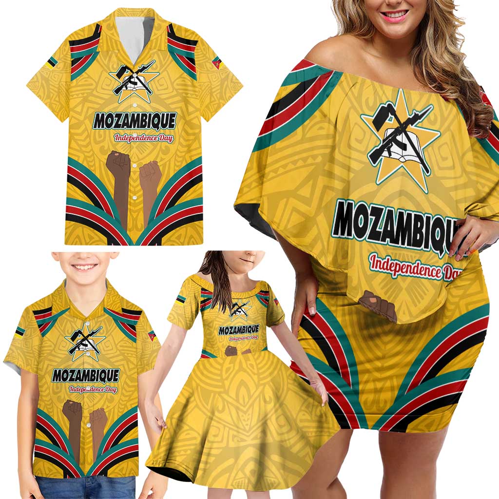 Mozambique Family Matching Off Shoulder Short Dress and Hawaiian Shirt with Yellow Red Green Swirl Design and Independence Day - Wonder Print Shop