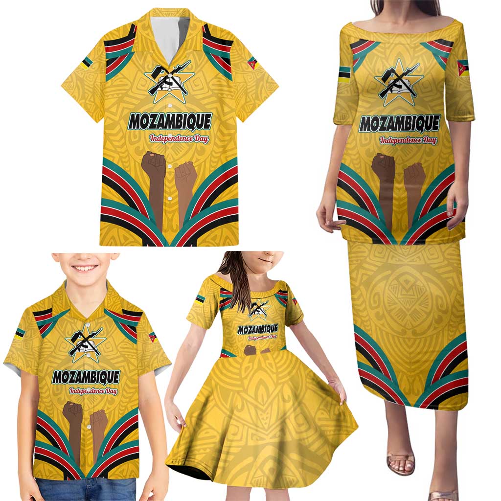 Mozambique Family Matching Puletasi and Hawaiian Shirt with Yellow Red Green Swirl Design and Independence Day - Wonder Print Shop