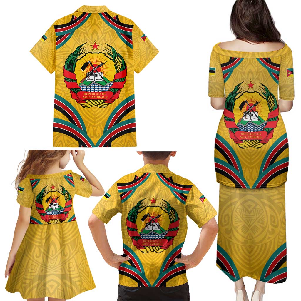 Mozambique Family Matching Puletasi and Hawaiian Shirt with Yellow Red Green Swirl Design and Independence Day - Wonder Print Shop