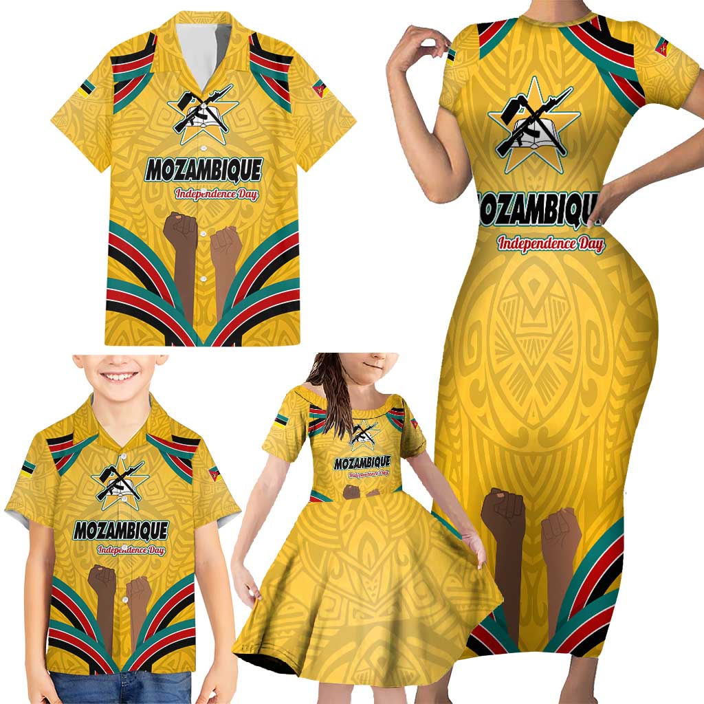 Mozambique Family Matching Short Sleeve Bodycon Dress and Hawaiian Shirt with Yellow Red Green Swirl Design and Independence Day - Wonder Print Shop