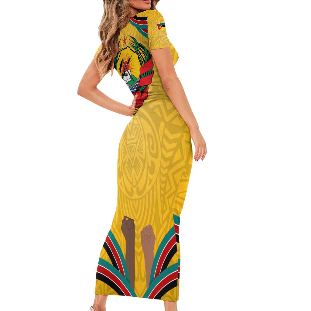 Mozambique Family Matching Short Sleeve Bodycon Dress and Hawaiian Shirt with Yellow Red Green Swirl Design and Independence Day - Wonder Print Shop