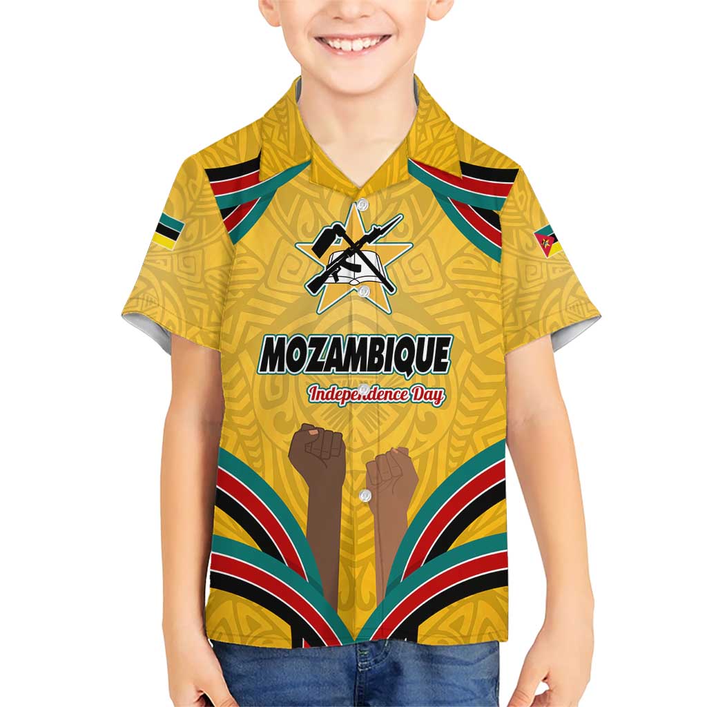 Mozambique Family Matching Short Sleeve Bodycon Dress and Hawaiian Shirt with Yellow Red Green Swirl Design and Independence Day - Wonder Print Shop