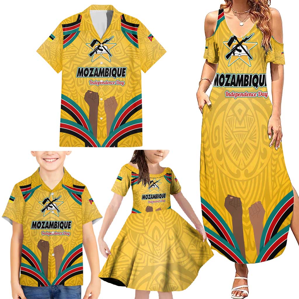 Mozambique Family Matching Summer Maxi Dress and Hawaiian Shirt with Yellow Red Green Swirl Design and Independence Day - Wonder Print Shop